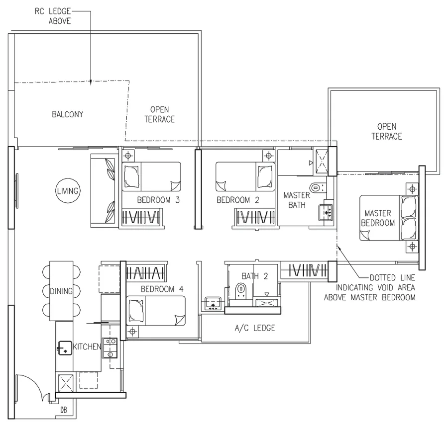 Floor plan of The Trilinq type D1-P2, 4-Bedroom, 1,421 sq ft