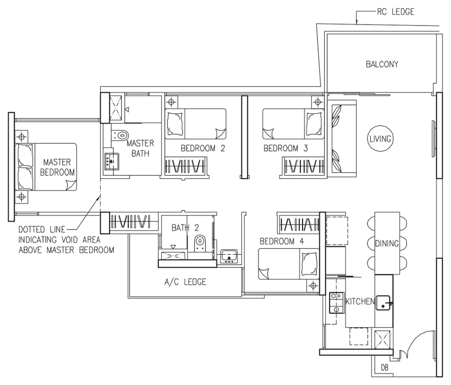 Floor plan of The Trilinq type D1, 4-Bedroom, 1,109 sq ft