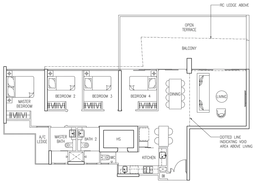 Floor plan of The Trilinq type D2-P, 4-Bedroom, 1,765 sq ft