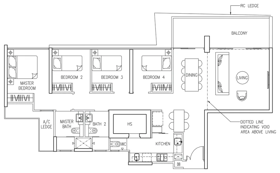 Floor plan of The Trilinq type D2, 4-Bedroom, 1,518 sq ft