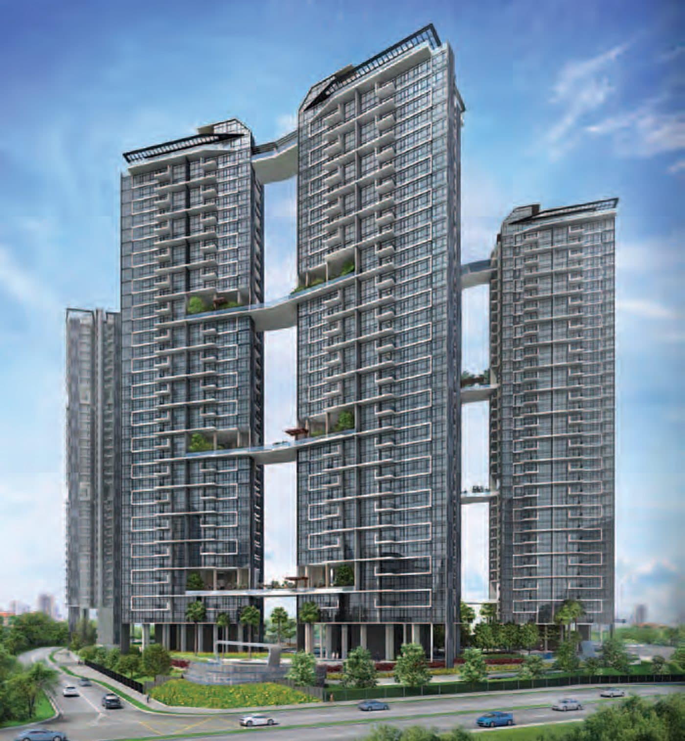 Artist's impression of The Trilinq from Clementi Avenue 6: three glass towers joined by sky terraces, above a landscaped deck