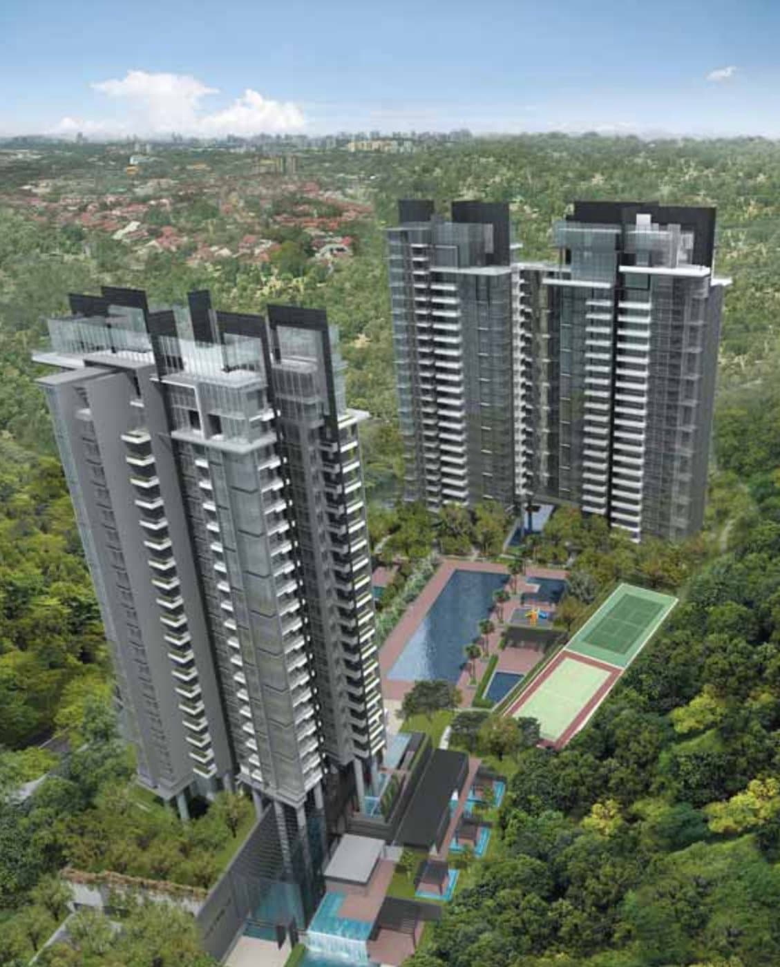 The Trizon, artist's impression: the three towers above the pool and tennis courts, seen from the air