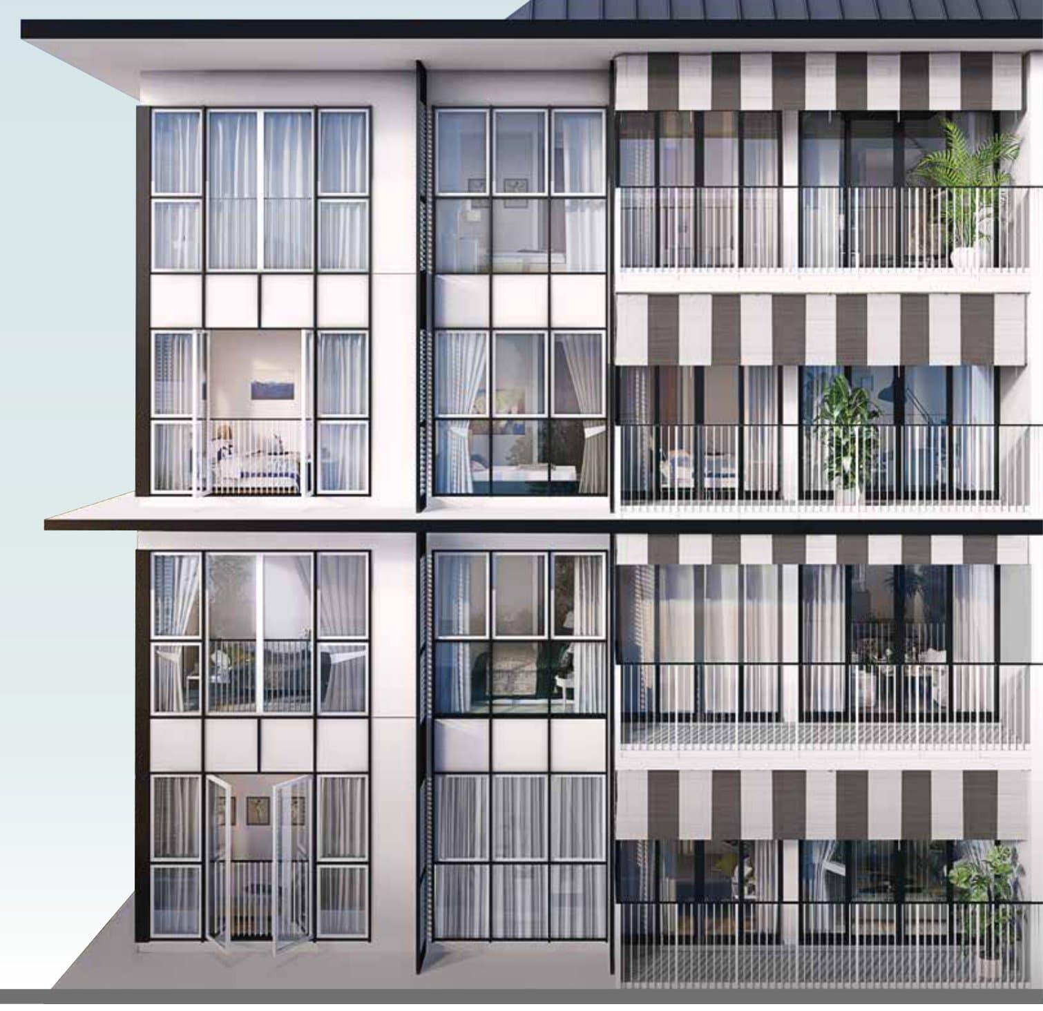Artist's impression of The Verandah Residences: the front of a 5-storey block with black and white striped awnings and full-height windows