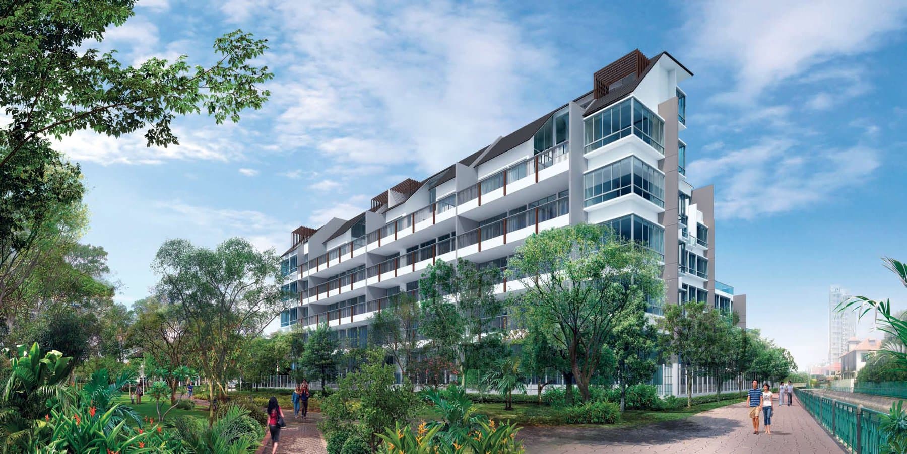 The Verte: the five-storey block seen from the park connector