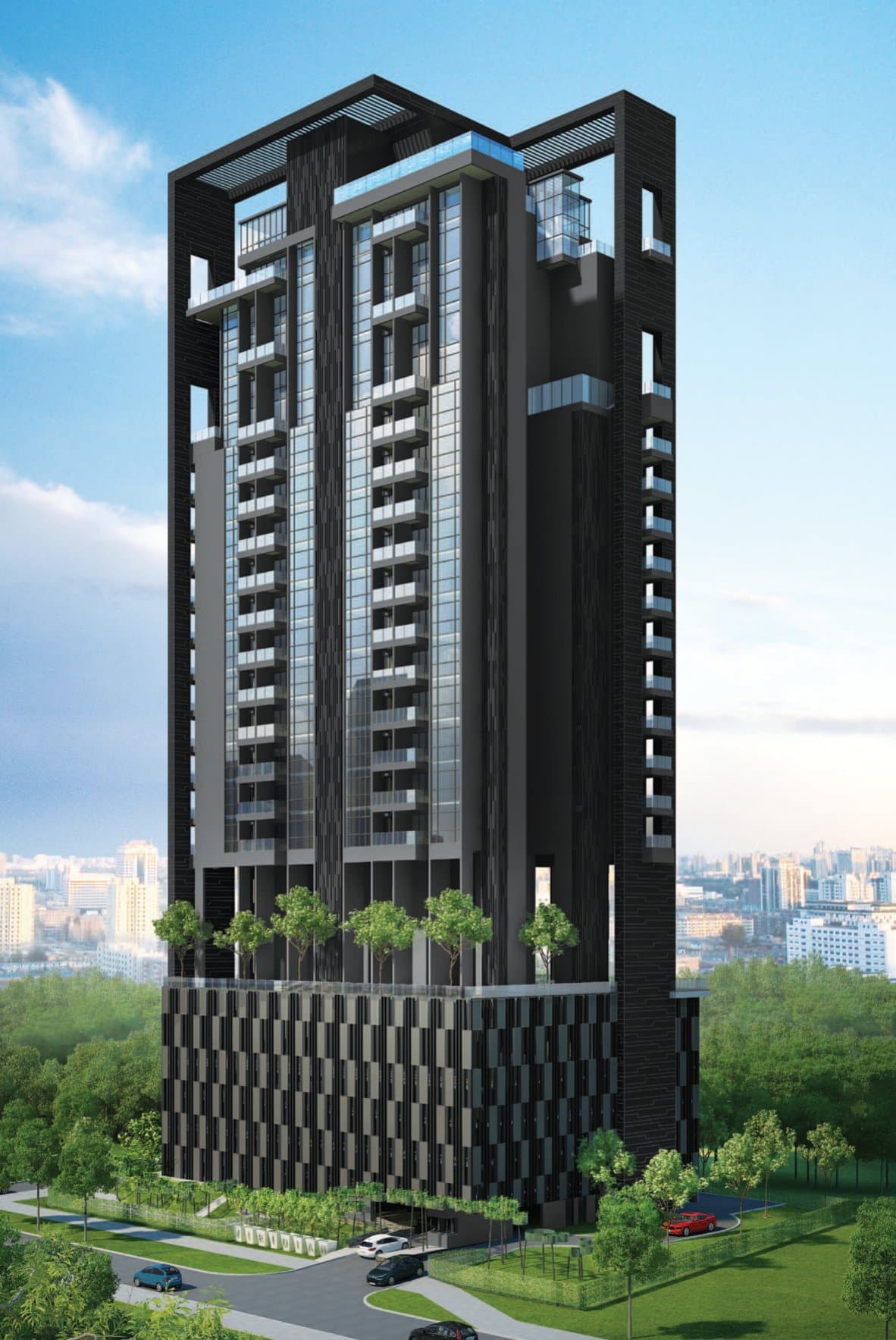 The Viridian: a slim 23-storey tower over a car park podium on Jalan Ampas