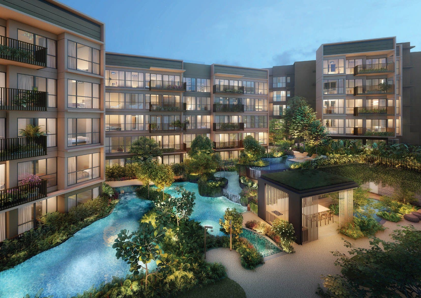 Artist's impression of The Watergardens at Canberra at dusk: 5-storey blocks around a winding pool, gardens and a pavilion