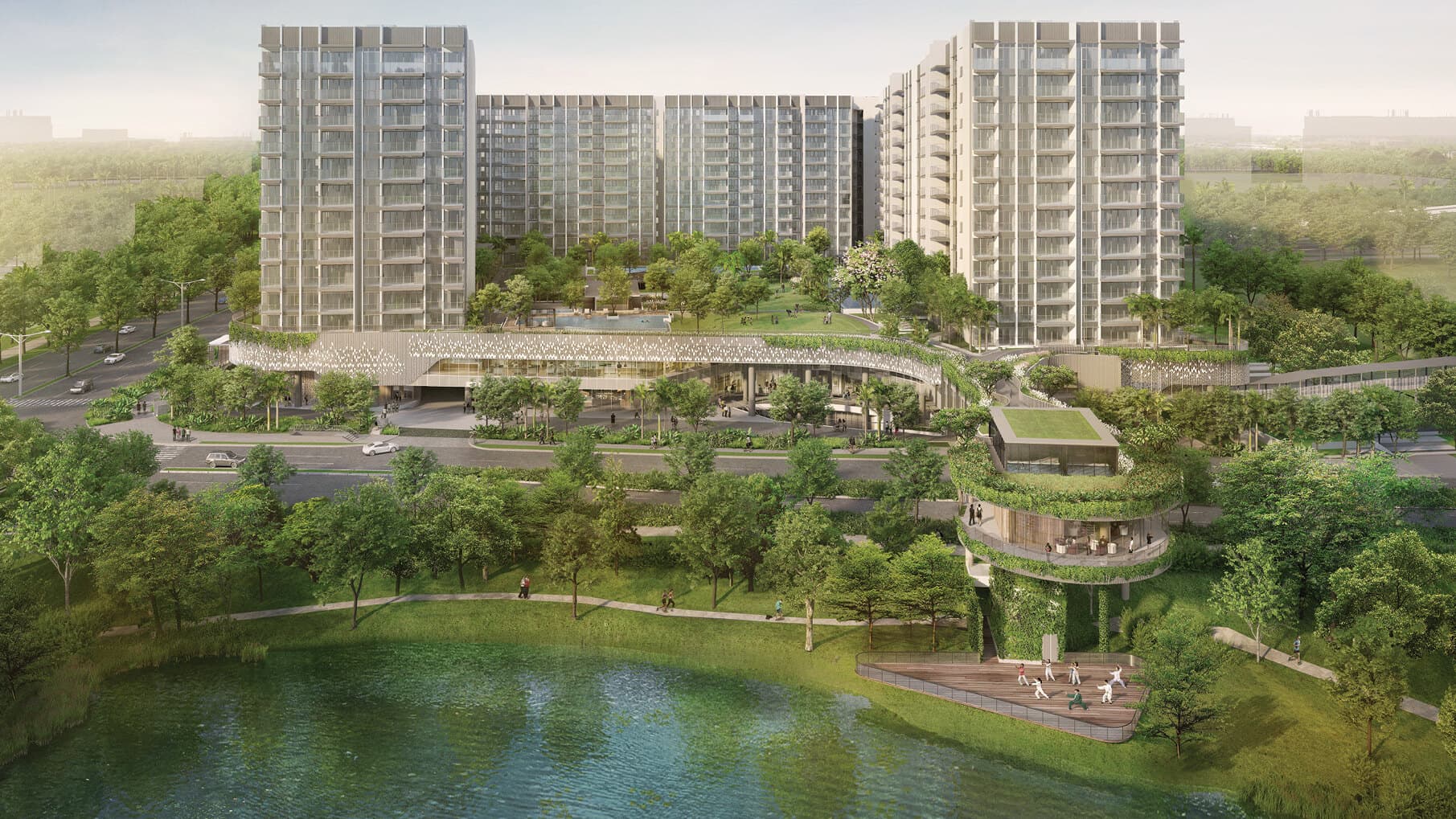 Artist's impression of The Woodleigh Residences from across Bidadari Park's lake: four 13-storey blocks above the curved mall podium, a garden deck between them and a round pavilion by the water
