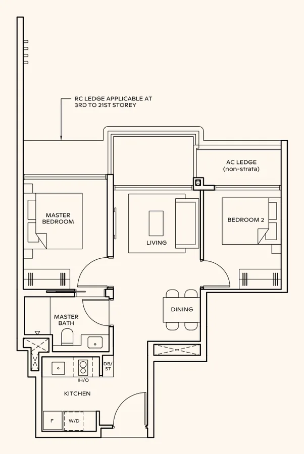 Floor plan of Thomson Reserve type B1, 2-Bedroom, 592 sq ft
