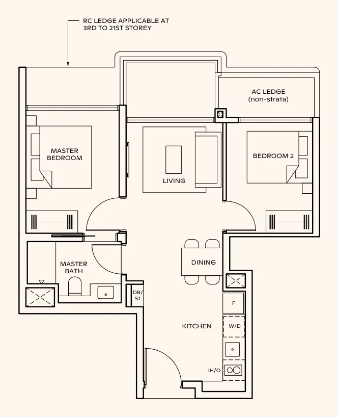 Floor plan of Thomson Reserve type B2, 2-Bedroom, 592 sq ft