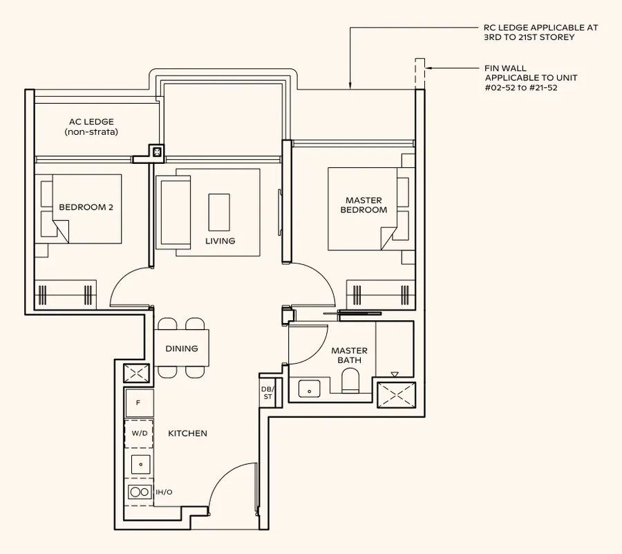 Floor plan of Thomson Reserve type B3, 2-Bedroom, 592 sq ft