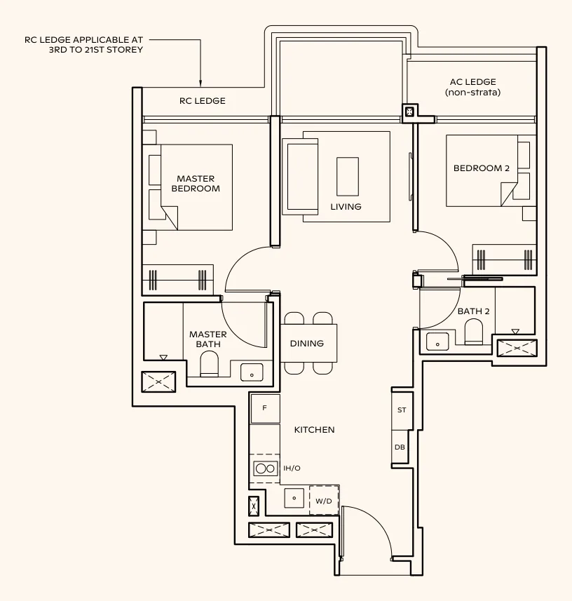 Floor plan of Thomson Reserve type BP1, 2-Bedroom Premium, 678 sq ft