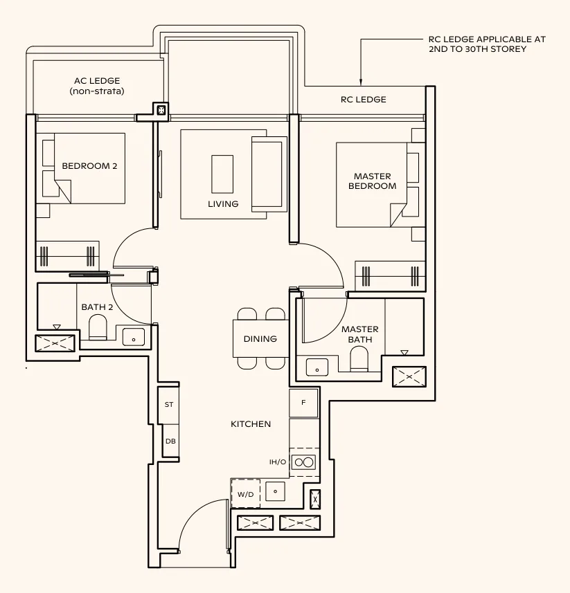 Floor plan of Thomson Reserve type BP2 (L), 2-Bedroom Premium, 678 sq ft