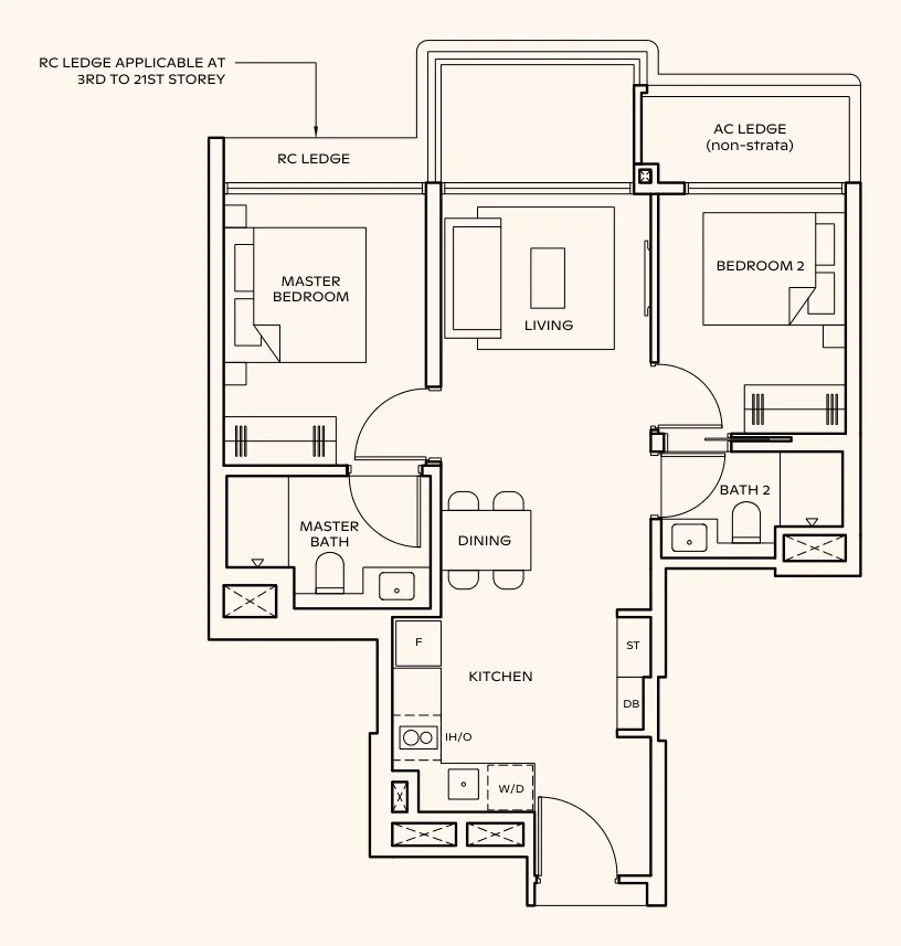 Floor plan of Thomson Reserve type BP2, 2-Bedroom Premium, 678 sq ft
