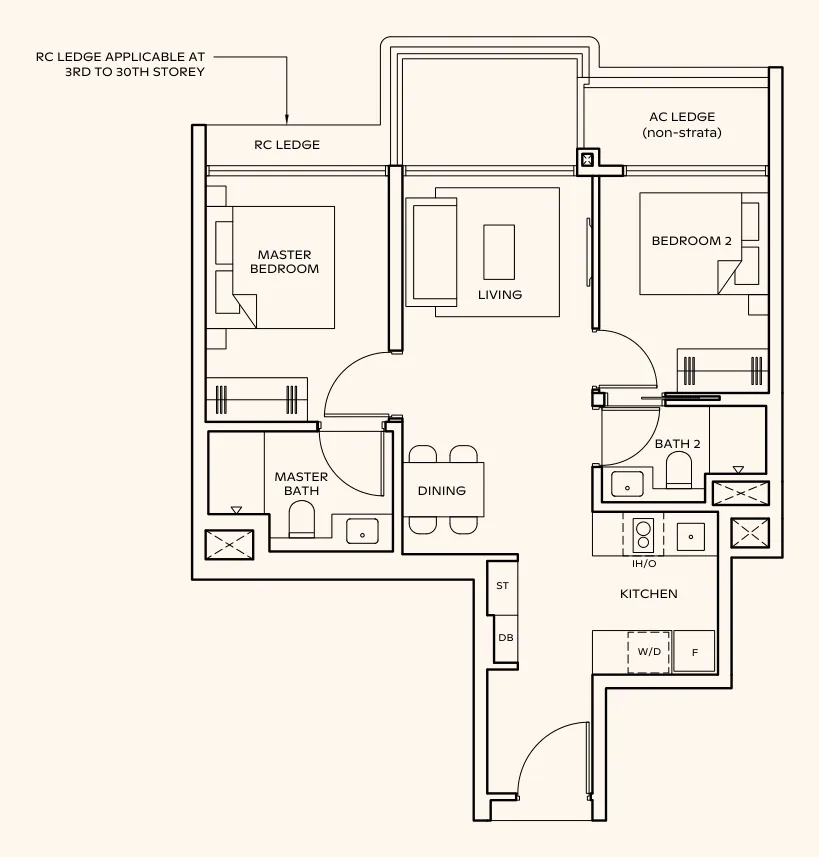 Floor plan of Thomson Reserve type BP3 (L), 2-Bedroom Premium, 678 sq ft