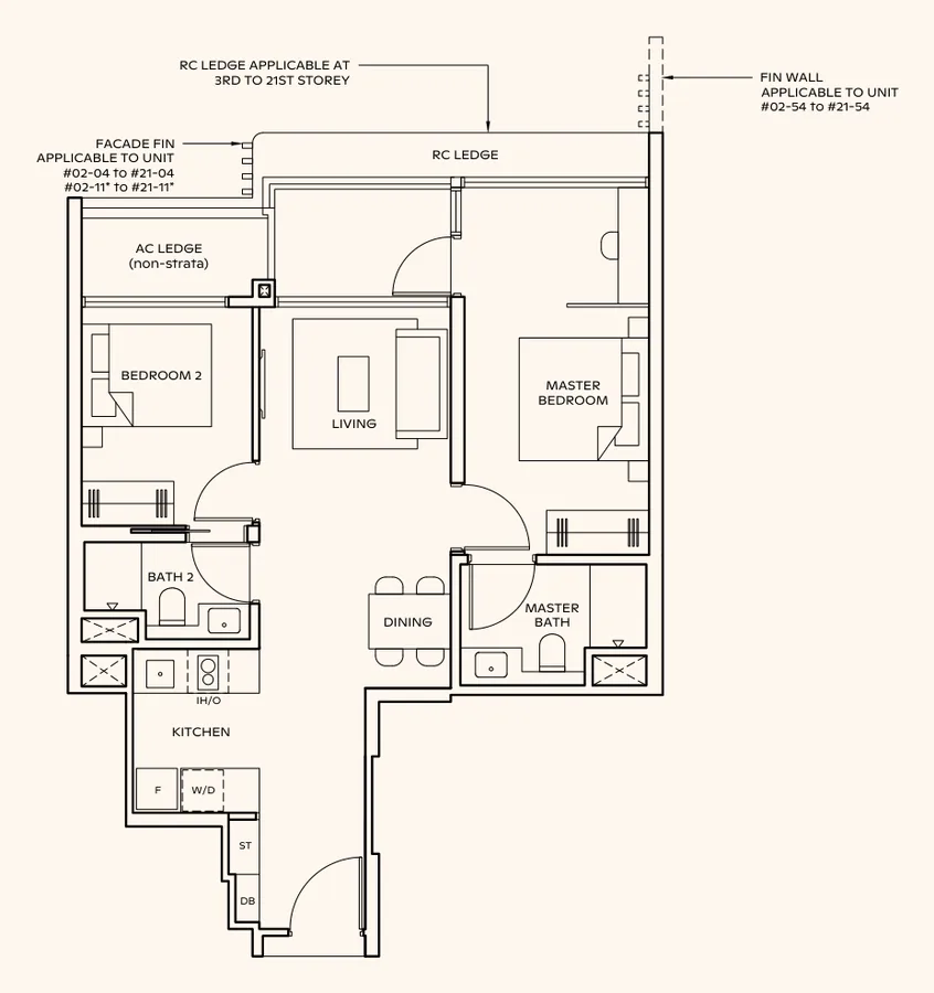 Floor plan of Thomson Reserve type BPS1, 2-Bedroom Premium + Study, 732 sq ft