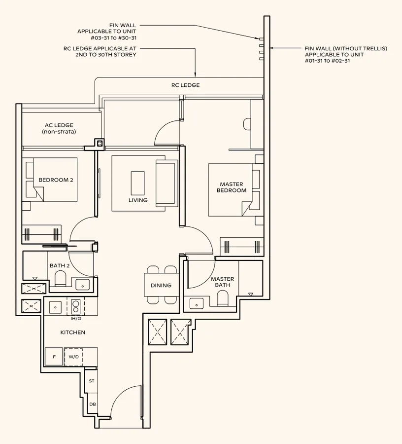 Floor plan of Thomson Reserve type BPS2 (L), 2-Bedroom Premium + Study, 732 sq ft