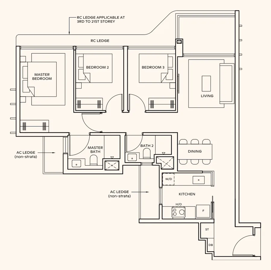 Floor plan of Thomson Reserve type C1, 3-Bedroom, 947 sq ft