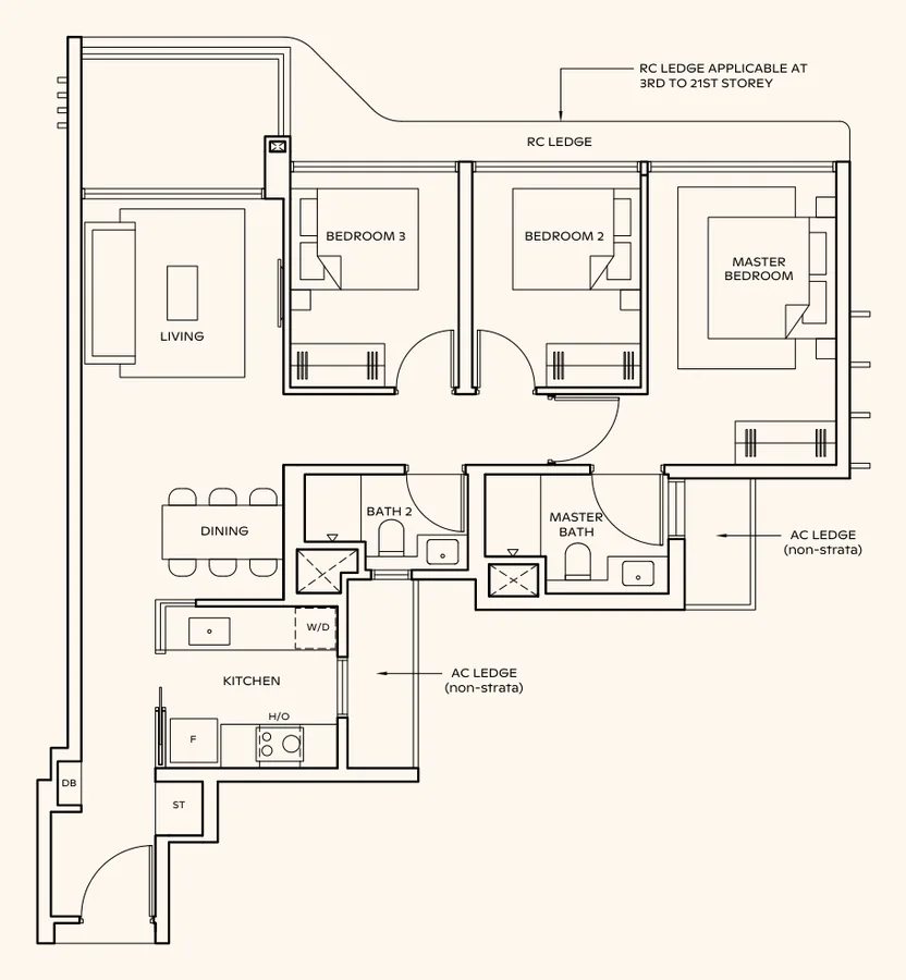 Floor plan of Thomson Reserve type C2, 3-Bedroom, 947 sq ft