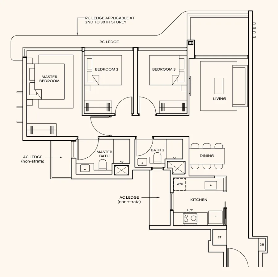 Floor plan of Thomson Reserve type C3 (L), 3-Bedroom, 947 sq ft