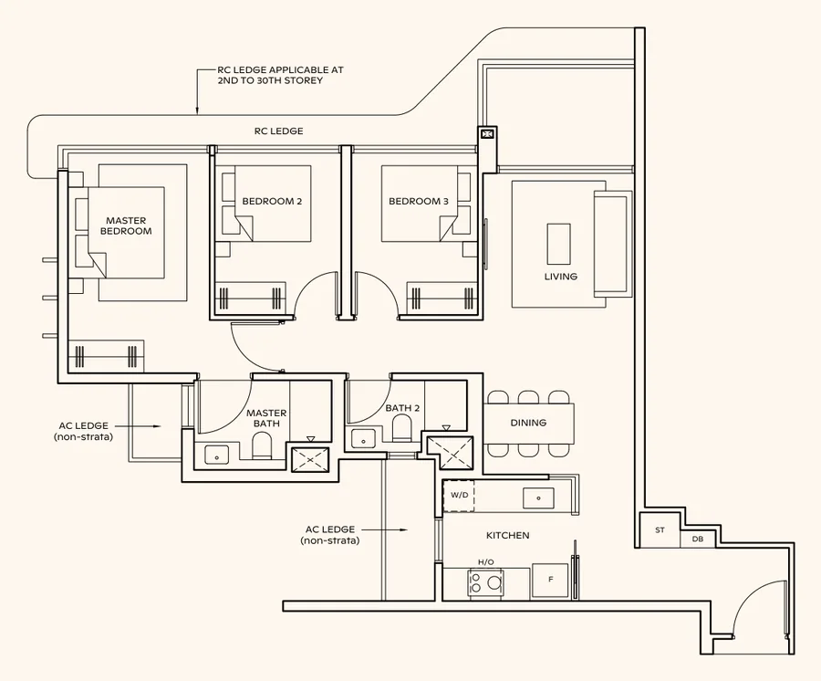 Floor plan of Thomson Reserve type C5 (L), 3-Bedroom, 947 sq ft