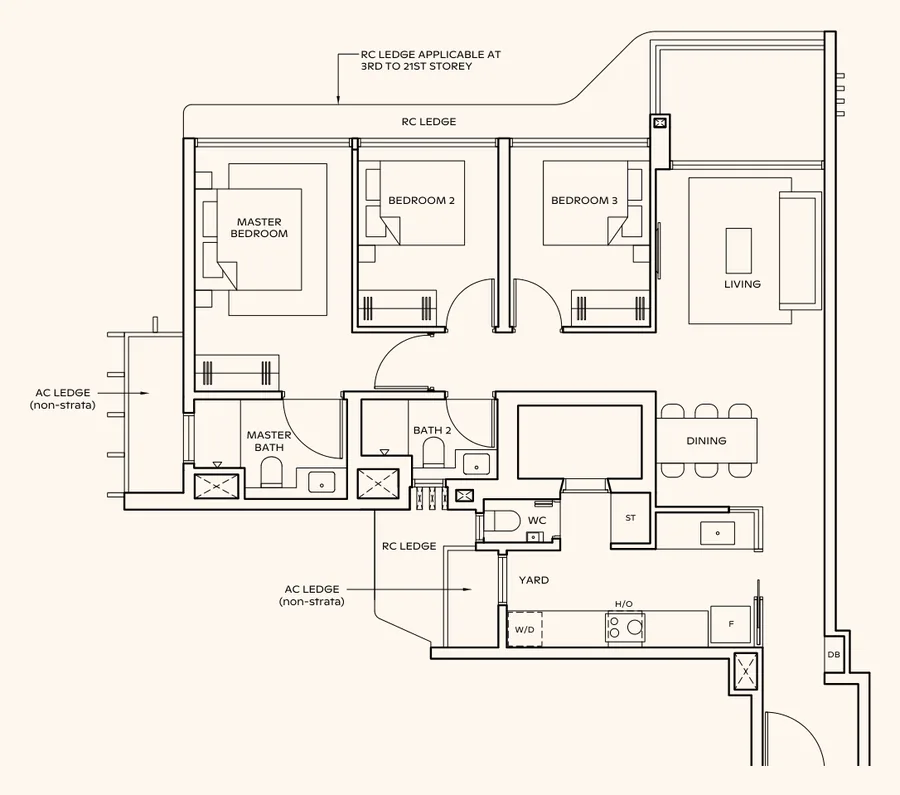 Floor plan of Thomson Reserve type CP1, 3-Bedroom Premium, 1,055 sq ft