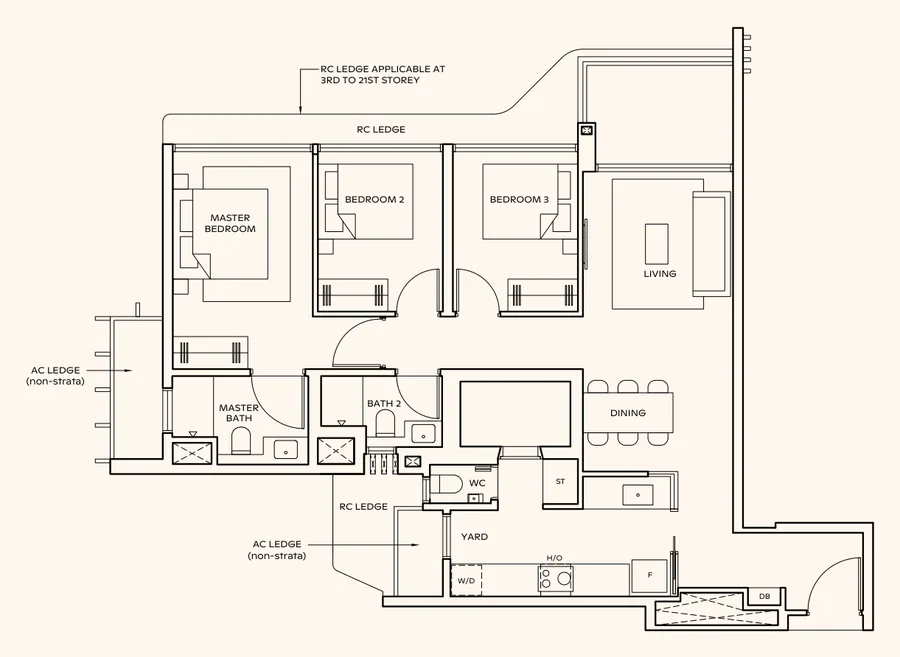 Floor plan of Thomson Reserve type CP2, 3-Bedroom Premium, 1,055 sq ft