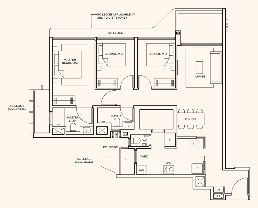 Floor plan of Thomson Reserve type CP3, 3-Bedroom Premium, 1,055 sq ft