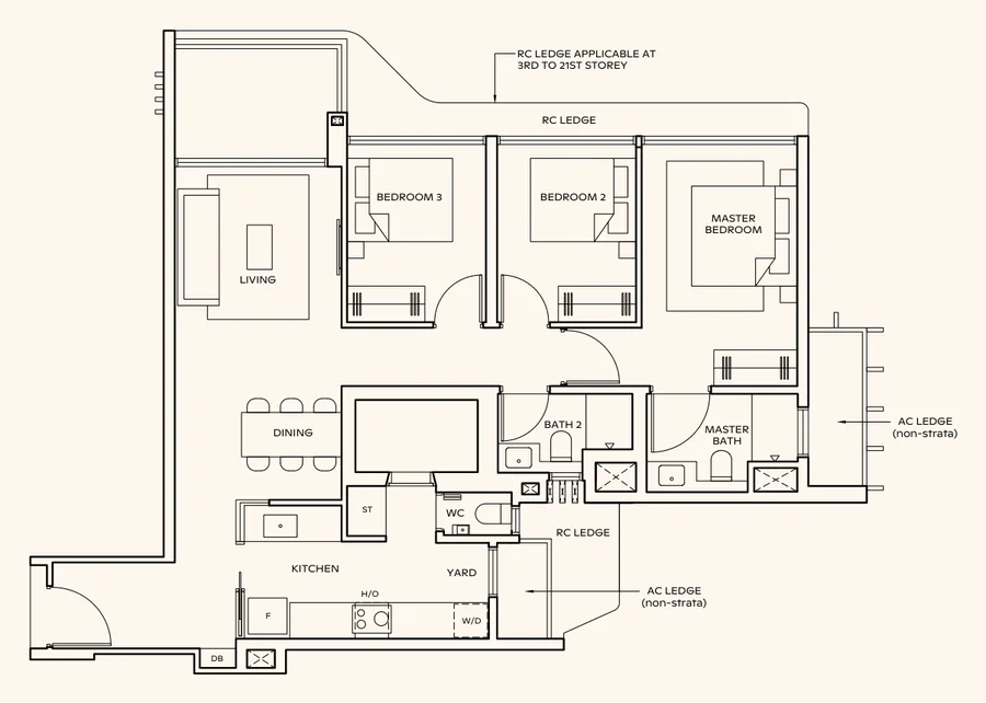 Floor plan of Thomson Reserve type CP6, 3-Bedroom Premium, 1,055 sq ft