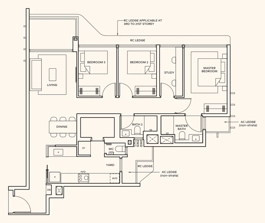 Floor plan of Thomson Reserve type CPS2, 3-Bedroom Premium + Study, 1,152 sq ft