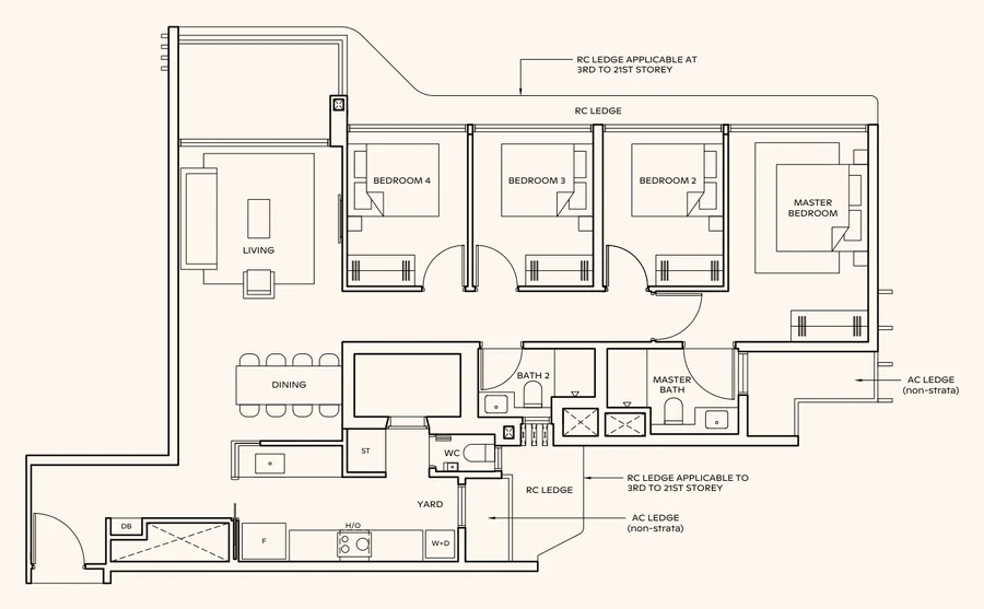 Floor plan of Thomson Reserve type D1, 4-Bedroom, 1,238 sq ft