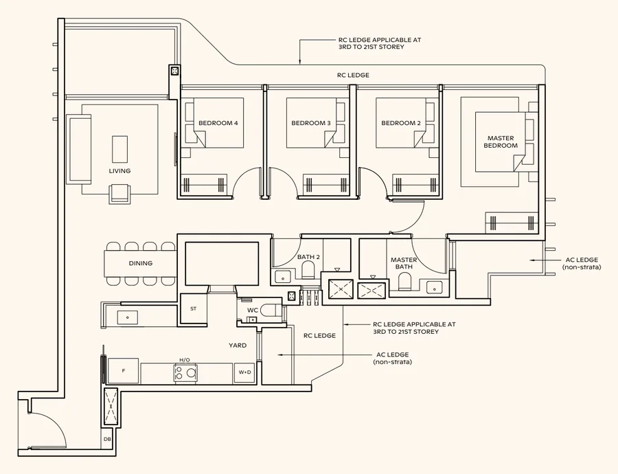 Floor plan of Thomson Reserve type D2, 4-Bedroom, 1,238 sq ft
