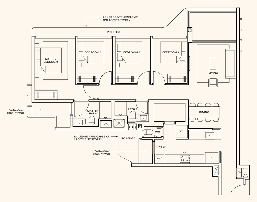 Floor plan of Thomson Reserve type D3, 4-Bedroom, 1,238 sq ft