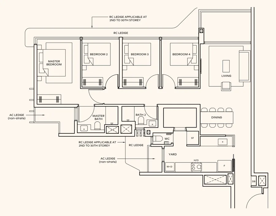 Floor plan of Thomson Reserve type D4 (L), 4-Bedroom, 1,238 sq ft