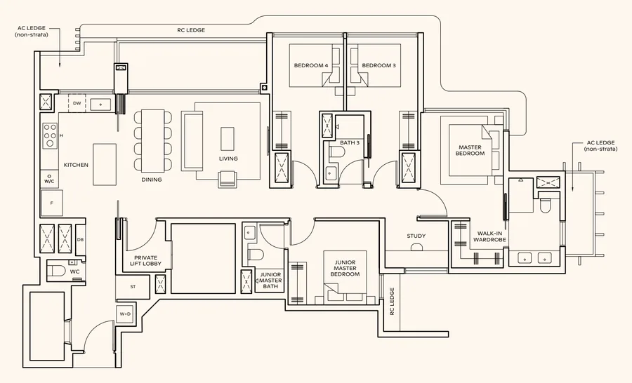 Floor plan of Thomson Reserve type DPS1 (L), 4-Bedroom Premium + Study (private lift), 1,485 sq ft
