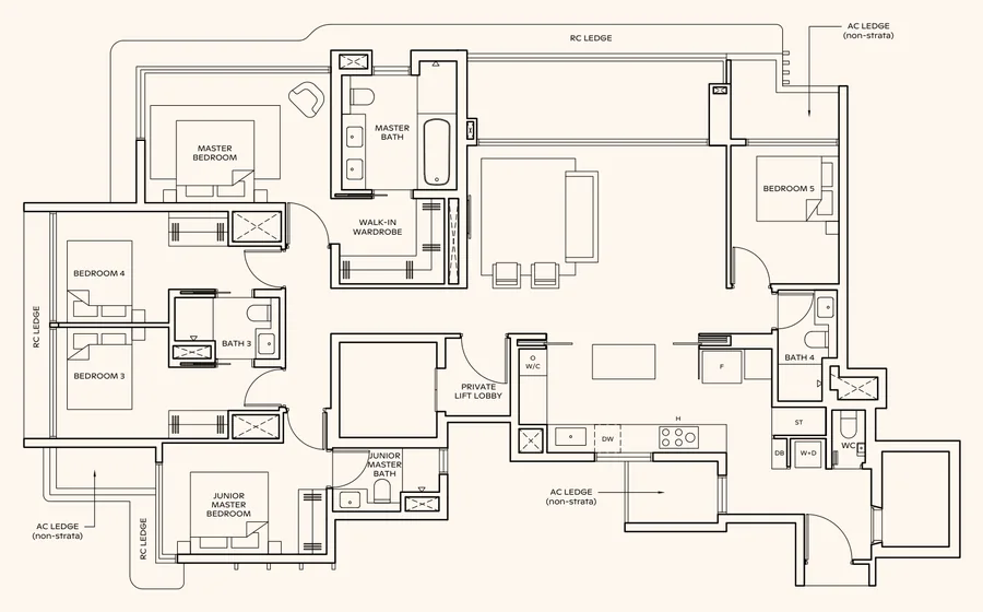 Floor plan of Thomson Reserve type E1 (L), 5-Bedroom Suite (private lift), 1,808 sq ft