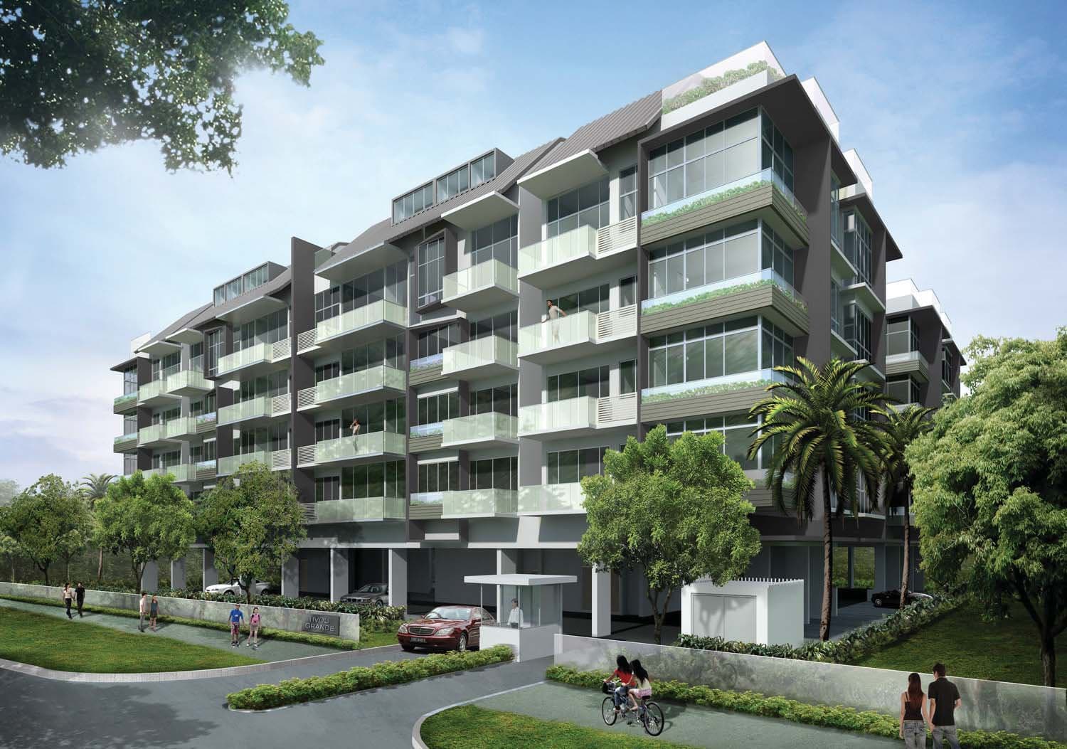Tivoli Grande: the 5-storey blocks with glass balconies and roof terraces off Koon Seng Road