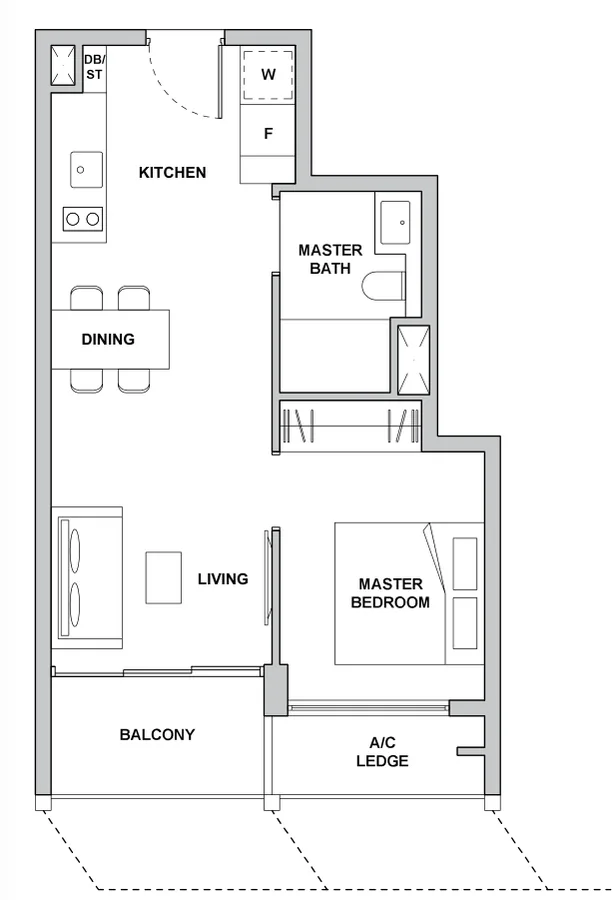 Floor plan of TMW Maxwell type 1B2, 1-Bedroom Suite, 517 sq ft