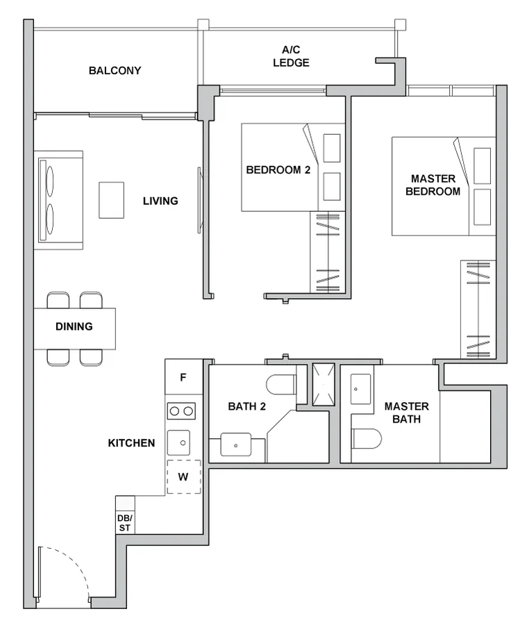 Floor plan of TMW Maxwell type 2C1, 2-Bedroom Premium, 786 sq ft