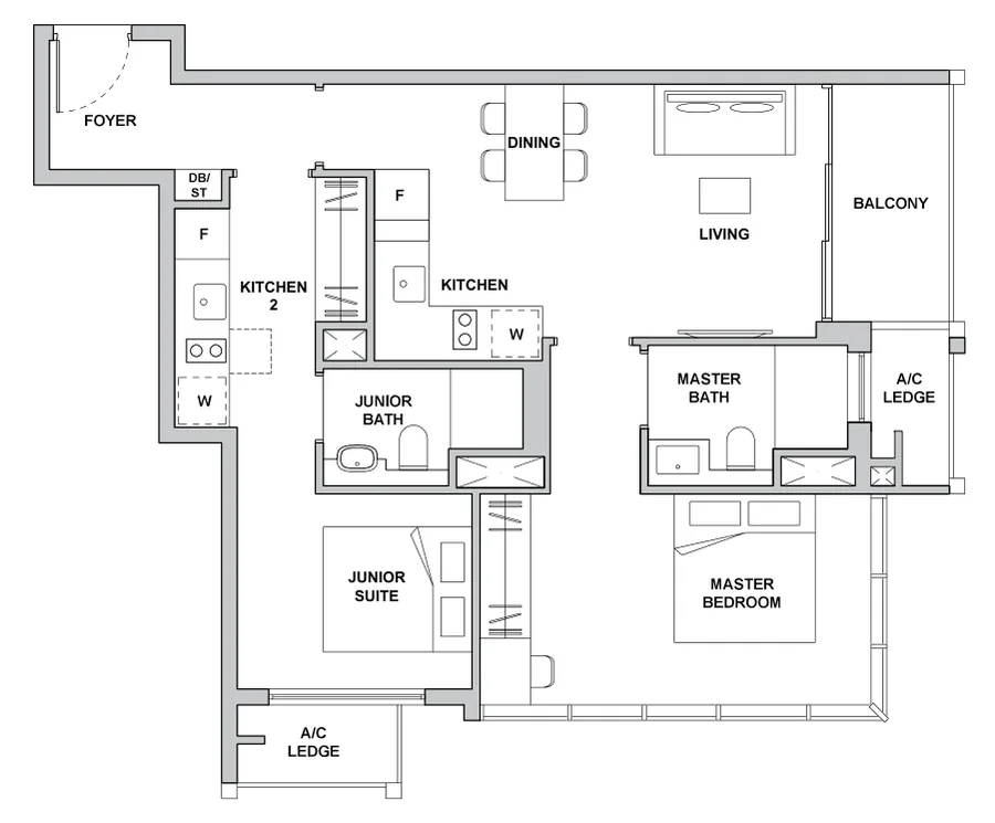 Floor plan of TMW Maxwell type 2DK2, 2-Bedroom Dual Key, 861 sq ft