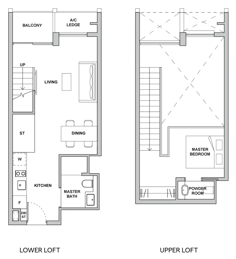 Floor plan of TMW Maxwell type BL1, 1-Bedroom Loft, 850 sq ft