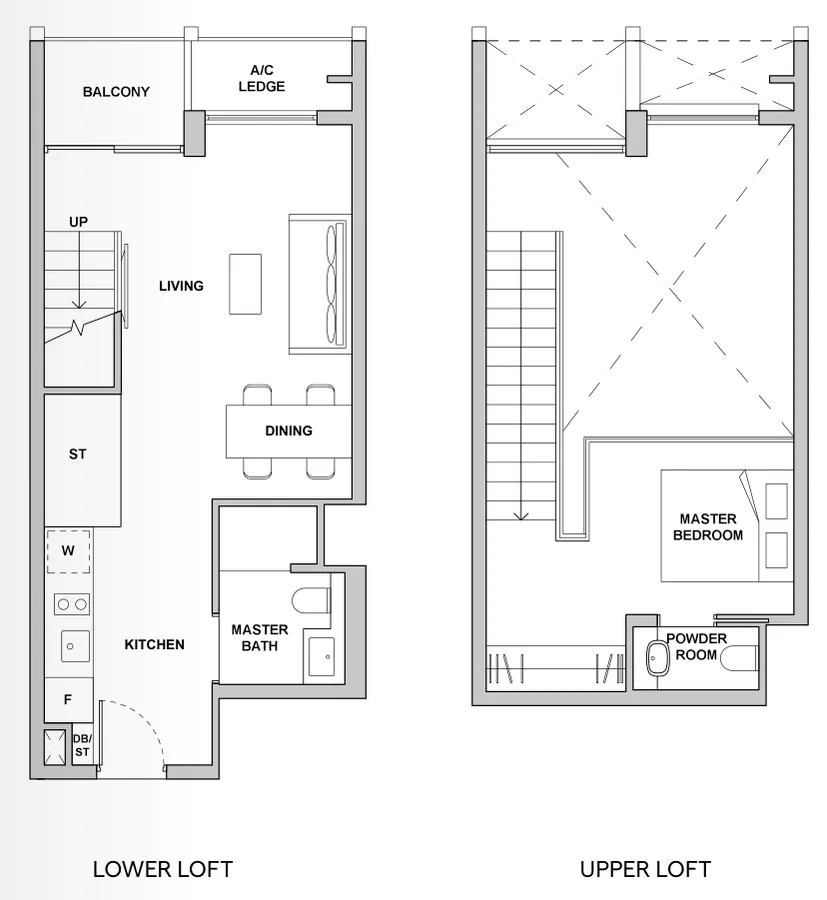 Floor plan of TMW Maxwell type BL2, 1-Bedroom Loft, 883 sq ft