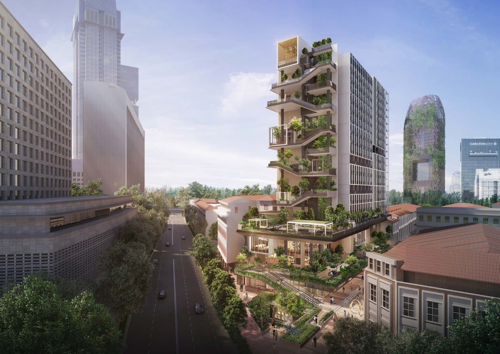 Artist's impression of TMW Maxwell seen along Maxwell Road by day: a 20-storey block with planted terraces stepping up its end wall, above low conservation buildings