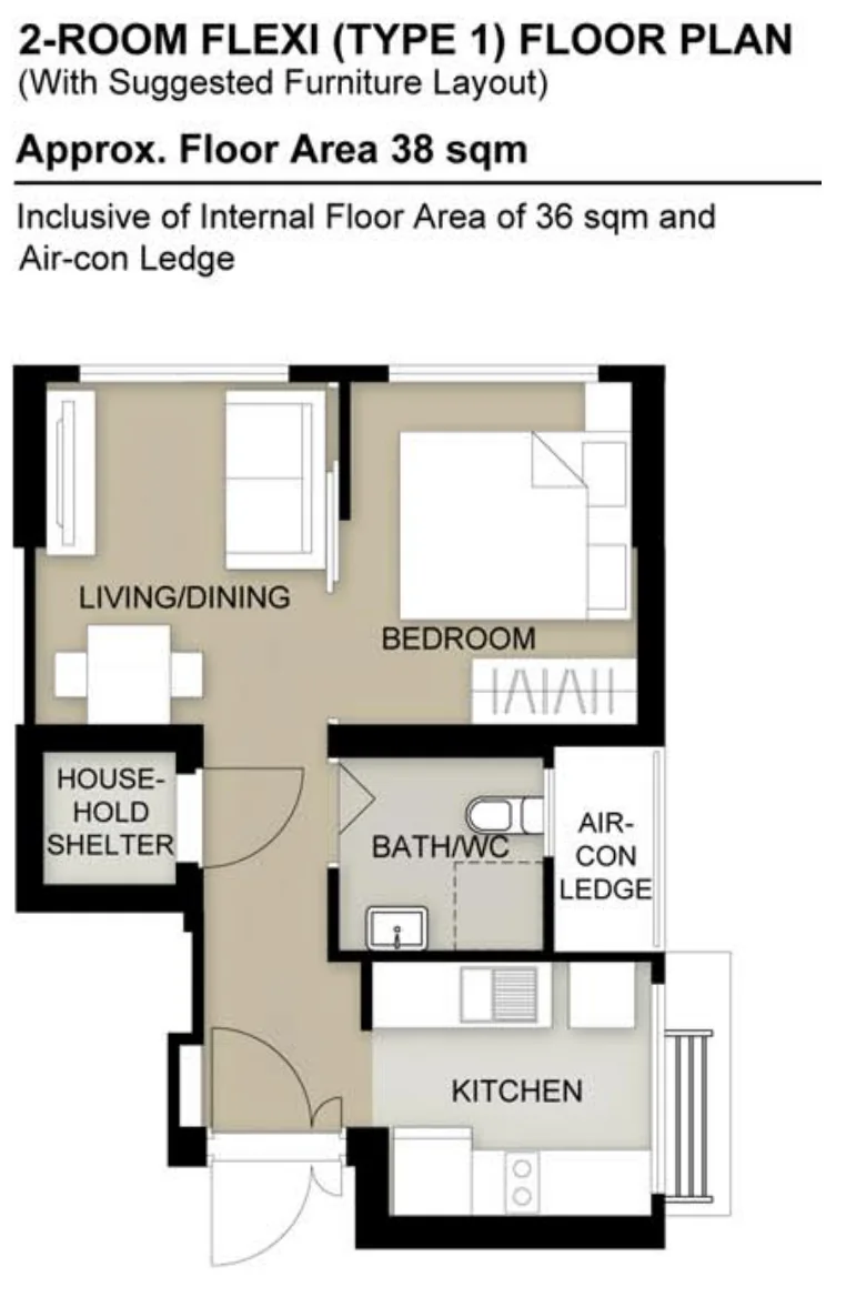 HDB floor plan of a 2-room Flexi (Type 1) flat at Toh Guan Grove, about 38 sqm