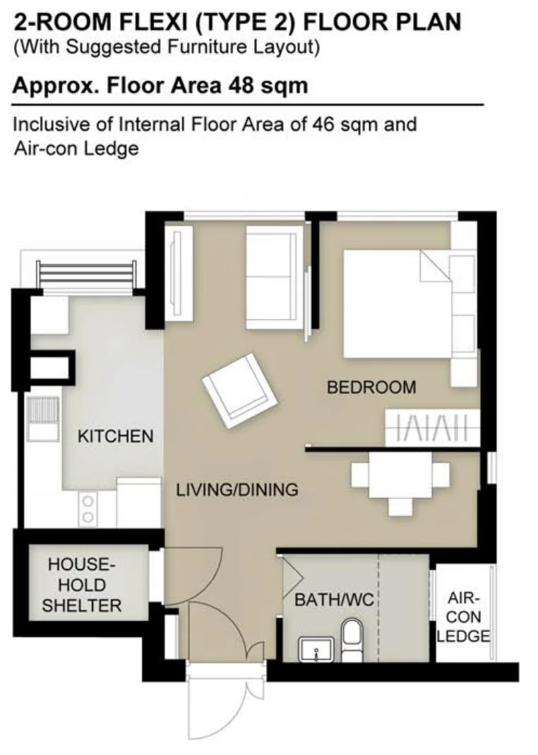HDB floor plan of a 2-room Flexi (Type 2) flat at Toh Guan Grove, about 48 sqm