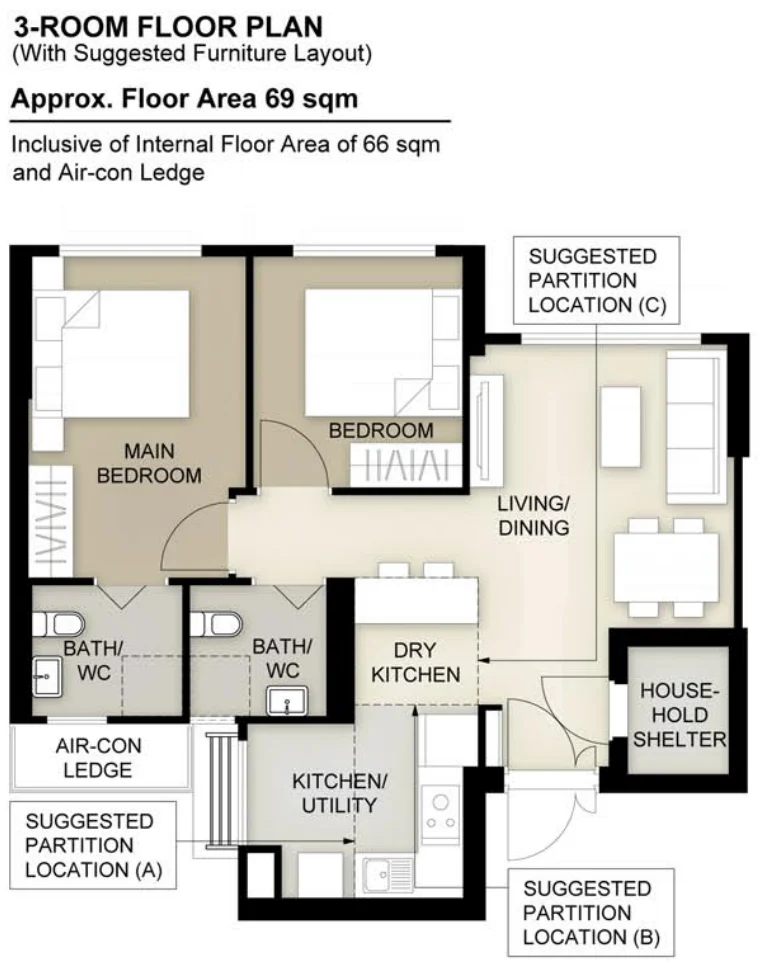HDB floor plan of a 3-room flat at Toh Guan Grove, about 69 sqm