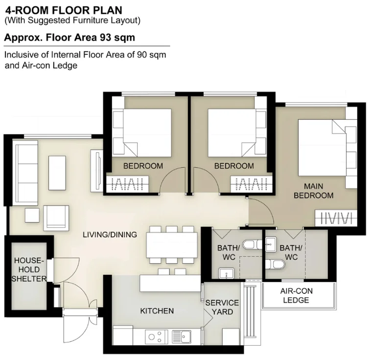 HDB floor plan of a 4-room flat at Toh Guan Grove, about 93 sqm