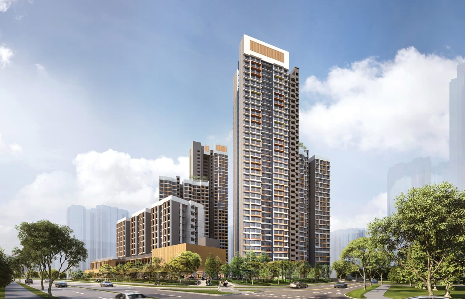Artist’s impression of Toh Guan Grove: two 37-storey HDB towers and a lower block with a shop podium along Toh Guan Road, under a blue sky