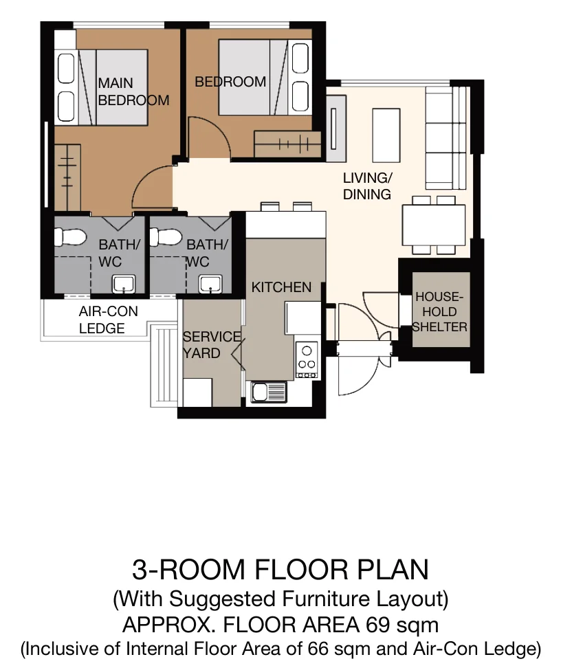 HDB floor plan of a 3-Room flat at Towner Crest, about 69 sqm