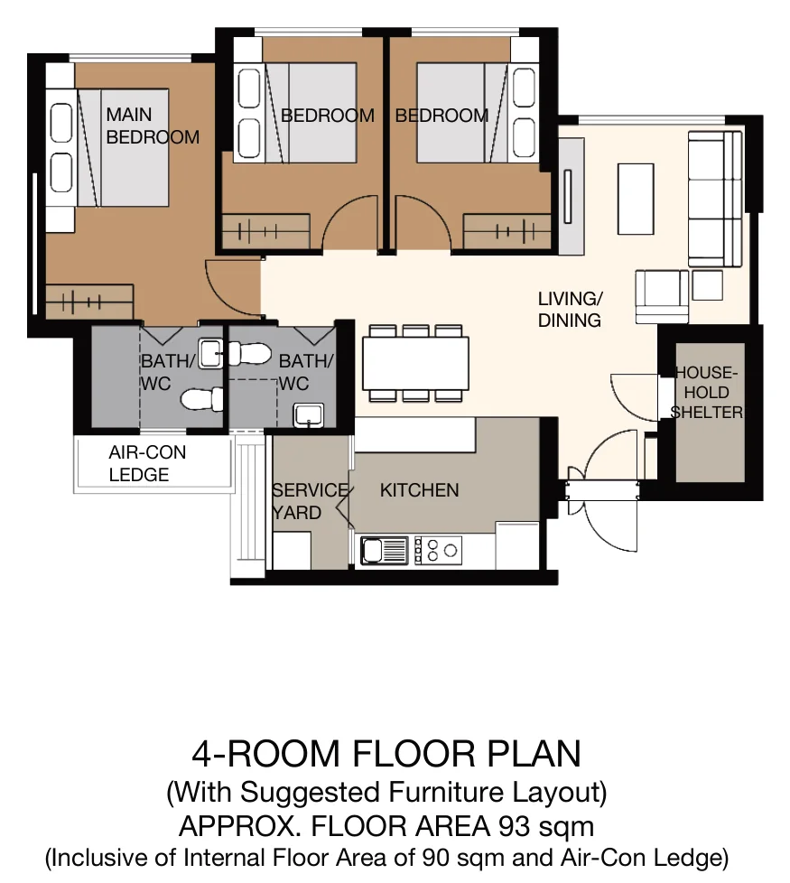 HDB floor plan of a 4-Room flat at Towner Crest, about 93 sqm