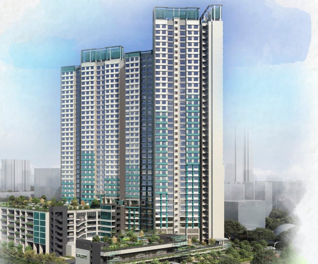 Artist's impression of Towner Crest: two tall white and blue HDB blocks of 35 and 39 storeys above a garden deck